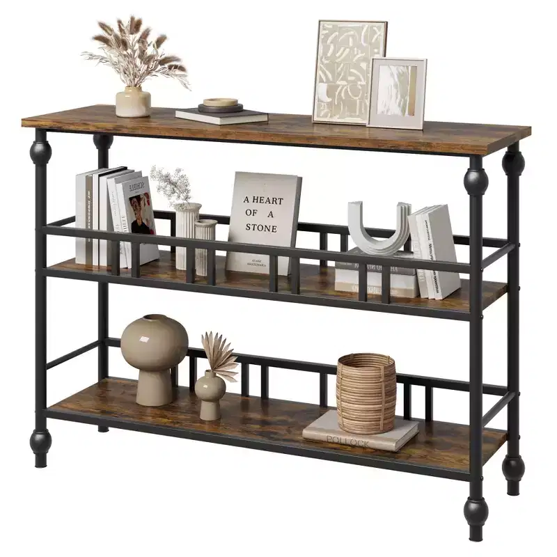 43 Inch Rustic Console Table, 3-Tier Entryway Narrow Sofa Table with Shelves