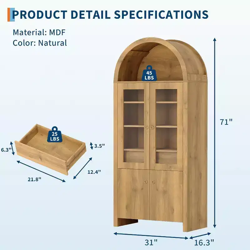 71-Inch Tall Farmhouse Arched Pantry Cabinet, Wooden Storage Cupboard with Acrylic Doors and Adjustable Shelves, Sturdy Frame for Kitchen