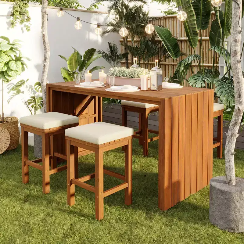ModernLuxe 5-Piece Outdoor Acacia Wood Patio Bar Set, Bar Height Table with 4 Stools & Beige Cushions for Backyard/Poolside, Natural