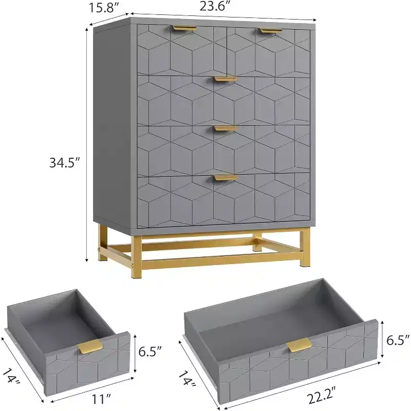 Grey 5-Drawer Dresser with Metal Base - Modern Chest of Drawers for Bedroom, Living Room & Closet Organization
