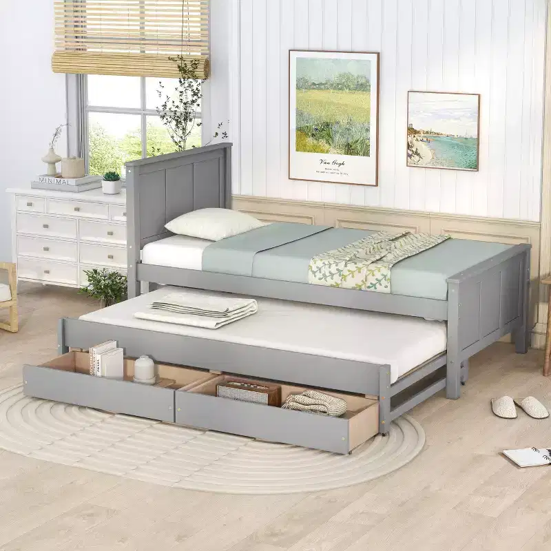 Wood Twin Size Platform Bed with Trundle and Drawers