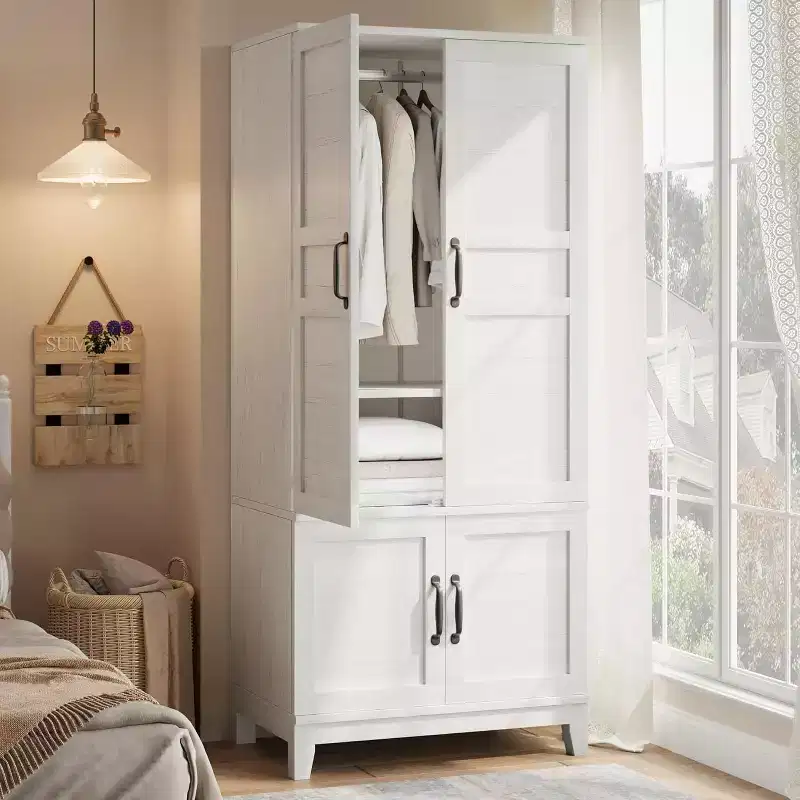 72 in Tall Wooden Armoire Wardrobe Closet with 4 Doors, Hanging Rod and Adjustable Shelves, Freestanding Clothing Storage Cabinet for Bedroom