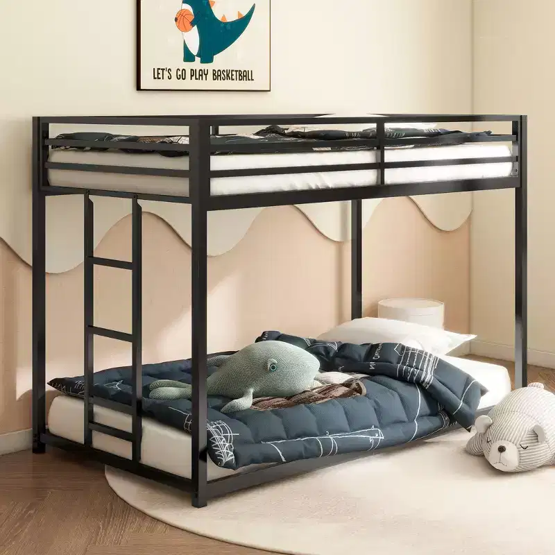 76.69IN Twin-Over-Twin Kids Bunk Beds with Metal Frame, Low Profile Bunk Bed with Ladder and Guardrails, Bed Frames for Bedroom, Black