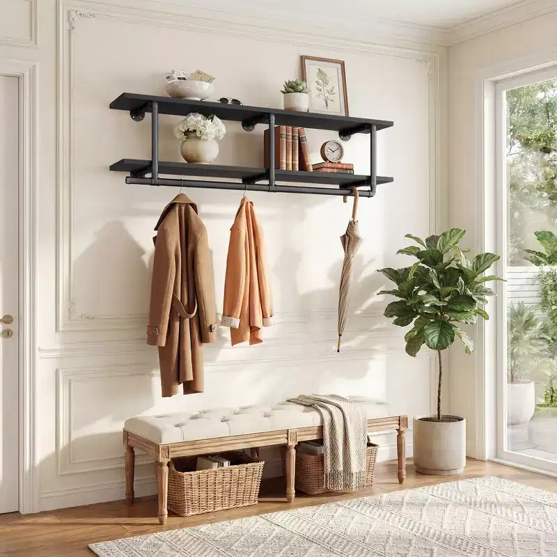 Besiost 2-Tier Clothing Rack with Hanging Rod, Clothing Shelves with Top Shelf