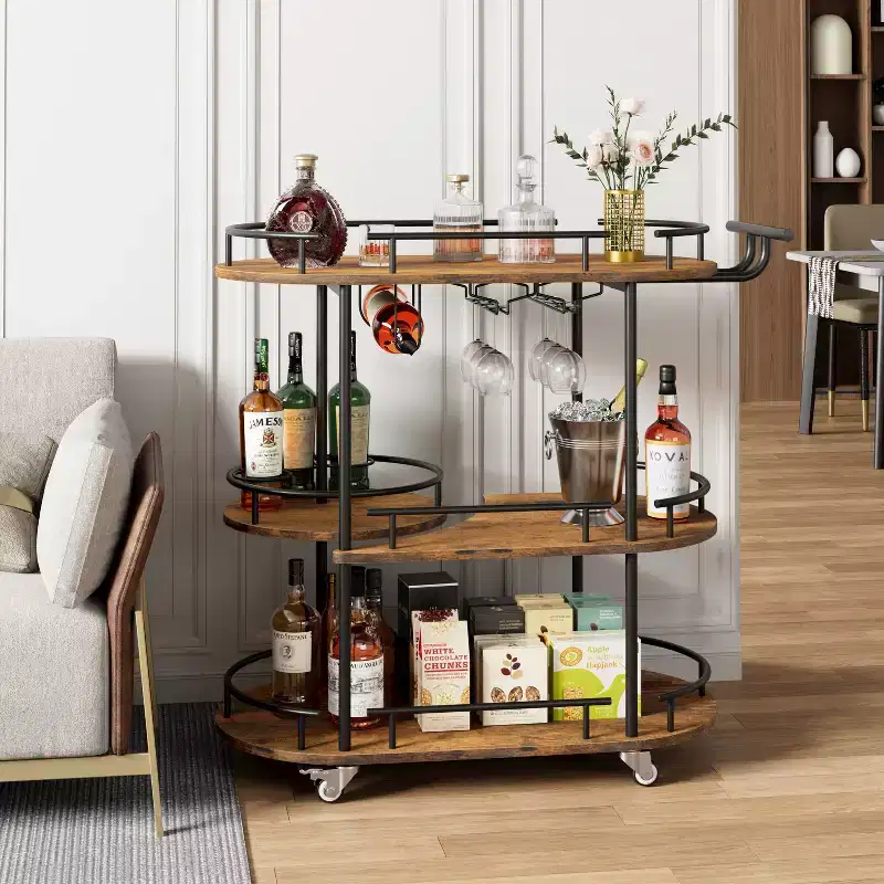 Bar Carts with 4-Tiers Storage Shelves, Mobile Bar Seving Carts On Wheels with Wine Rack and Glass Holder for Kitchen, Dining Room, Living Room