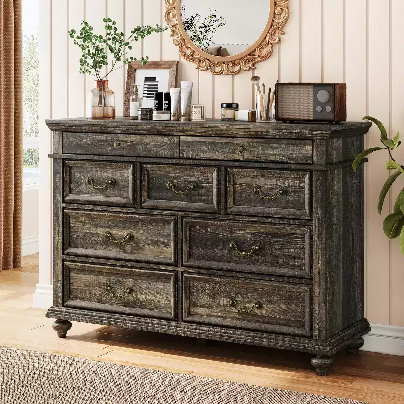 Wide Farmhouse 9-Drawer Dresser, Rustic Wood Chest of Drawers for Bedroom & Living Room