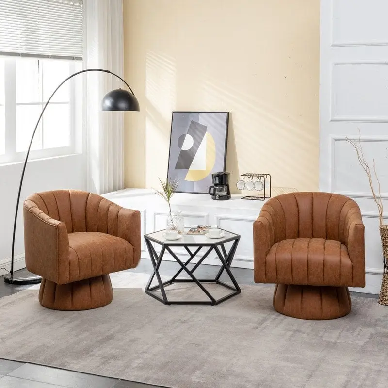 SEYNAR Mid-Century Swivel PU Leather Tufted Round Accent Barrel Chair set of 2