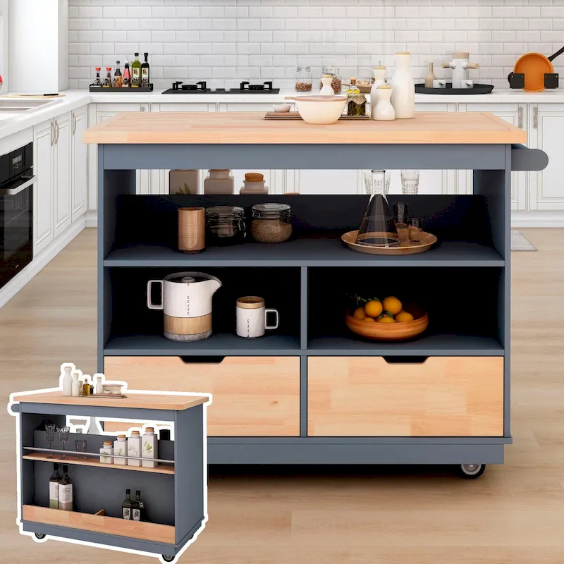 Wood Rolling Kitchen Island with 2 Drawers and 3 Open Compartments