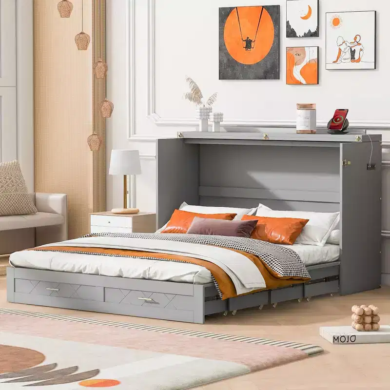 Whisen Clever Design Queen Size Murphy Bed, Folded into a Cabinet with Drawer and USB Ports