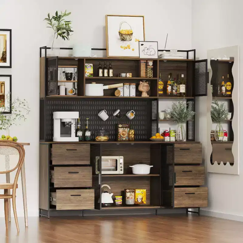 Famapy Brown Woodgrain Multifunctional Kitchen Cabinet Kitchen Sideboard with Hanging Shelf Display Shelf