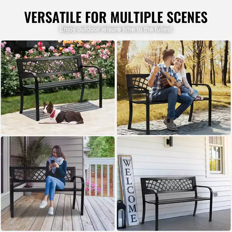 46-Inch Metal Garden Bench with Backrest and Armrests, 480 LBS Capacity