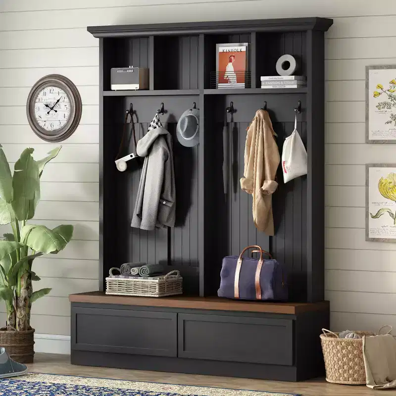 Whisen Farmhouse Style 4-in-1 Hall Tree with Wood Grain Bench, 2 Large Drawers and 6 Black Hooks