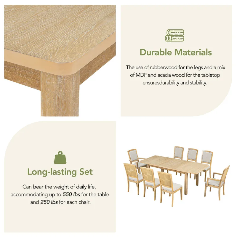 Rustic Extendable Dining Table Set with 24inch Removable Leaf, 6 Upholstered Armless Dining Chairs and 2 Padded Arm Chairs