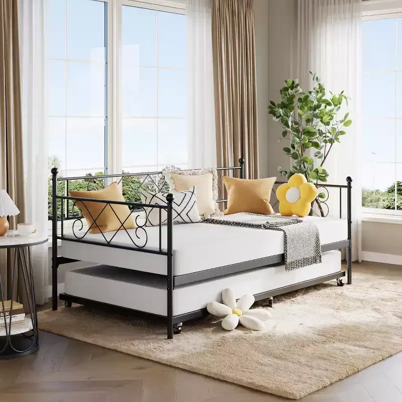 Twin Daybed Frame  Heavy Duty Metal Slats Mattress Foundation, Platform Sofa Bed with Headboard for Bedroom, Living Room & Guest Room