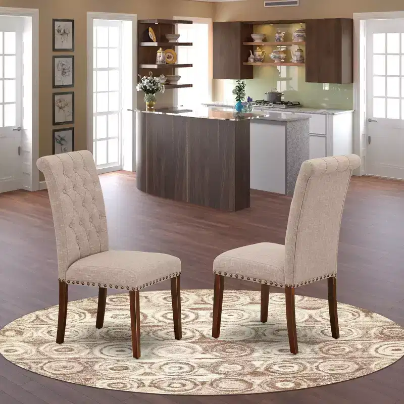 HomeStock Bremond Parson Dining Chairs Button Tufted Nailhead Trim Light Tan Linen Fabric Set of 2 Mahogany