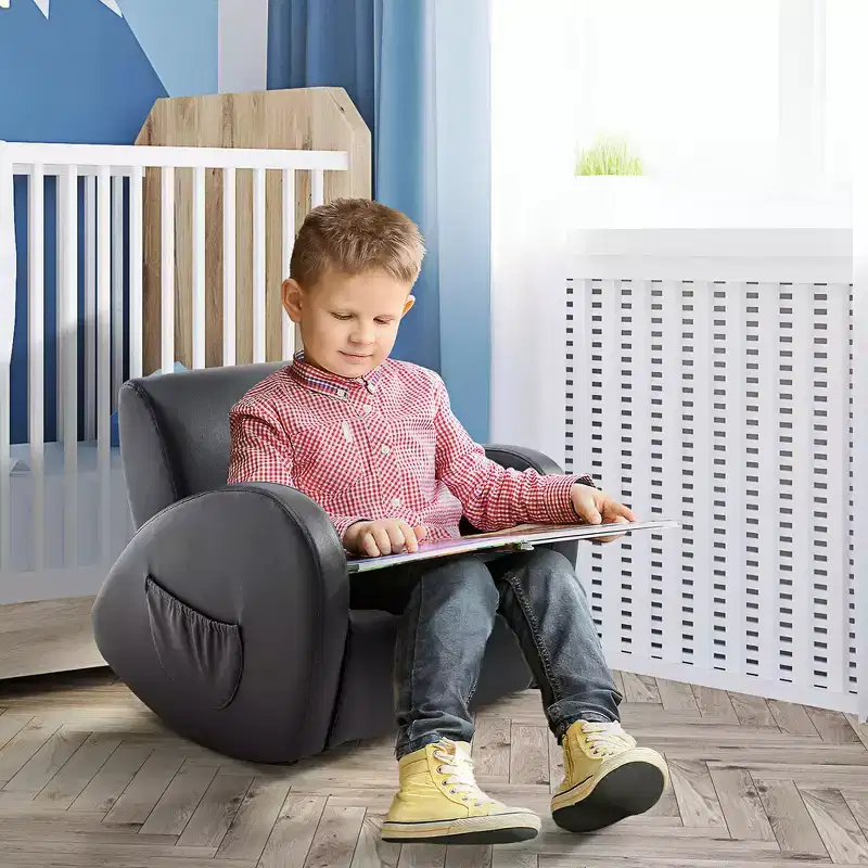 Whisen Kids Sofa Rocking Chair with Side Pocket, PU Leather Toddler Armchair, Gift for Kids - Grey