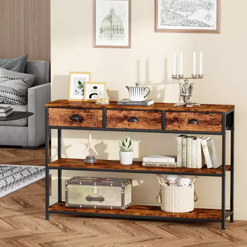 47in Wooden Rustic Brown Industrial Console Sofa Table With 3 Storage Drawers 3 Tier Display Shelves Behind Couch Entryway Living Room Foyer Hallway