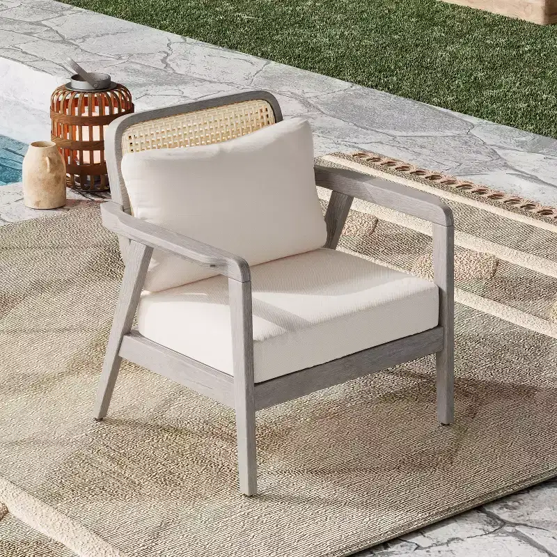 TUYOHW Boho Style Outdoor Accent Chairs Set of 1/2,Patio Acacia Conversation seat,Upholstered Club Chairs for Porch,Garden & Backyard,400lbs Capacity