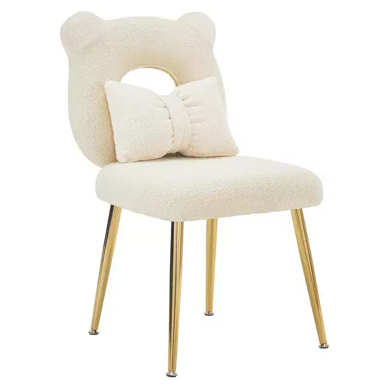 Furniliving Vanity Chair, Faux Shearling Upholstery, Backrest Pillow and Golden Metal Legs, for Living Room/Dressing Room/Home Office