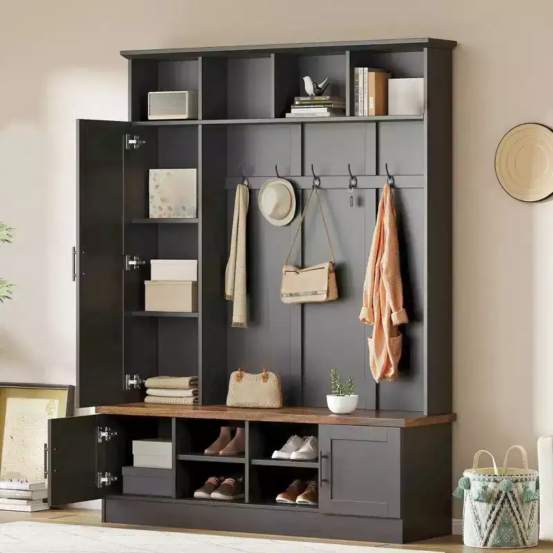 Entryway Hall Tree With Shoe Bench, Multifunctional Coat Rack with 6 Hook,Wood Hallway Coat Hanger with Shoe Storage for Entryway Living Room