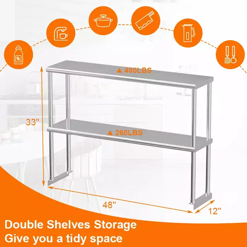 Stainless Steel Double-Layer Kitchen Storage Rack, Commercial Adjustable 2-Layer Storage Rack, Suitable for Kitchen Food Prep Tables and Workbenches