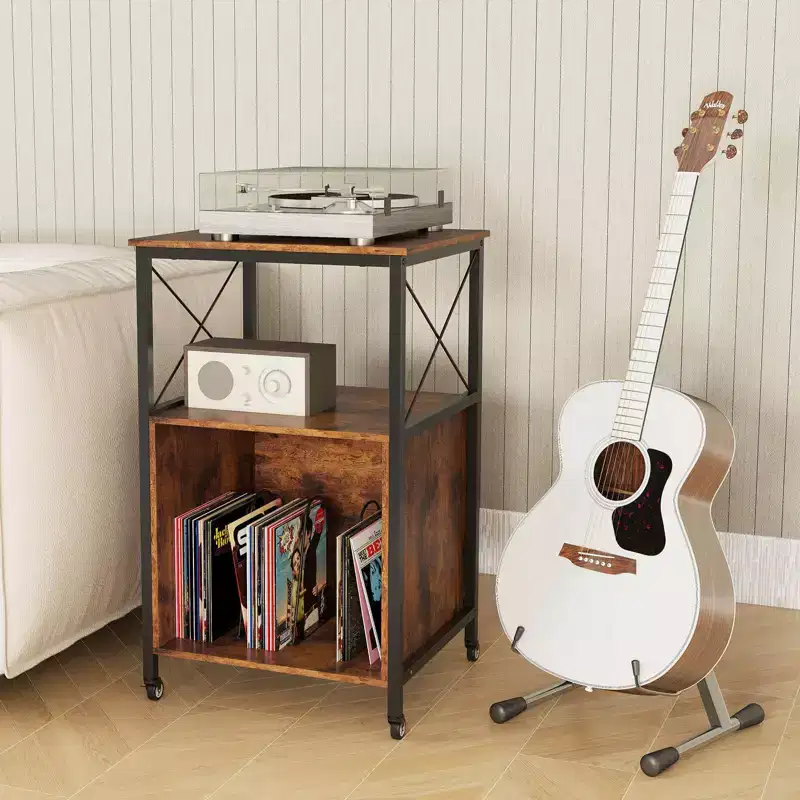 Mobile Record Player Stand with Power Outlet, Open Shelf & Dividers, Metal Frame