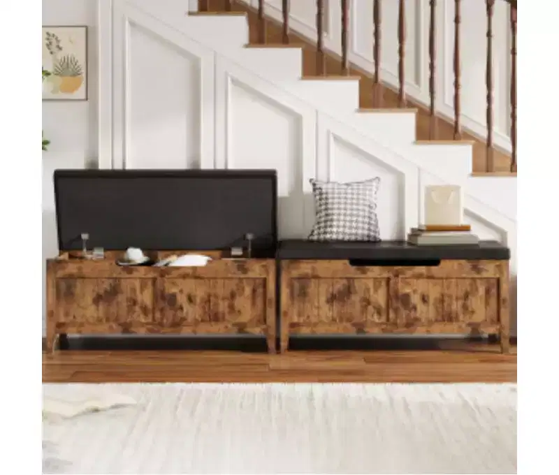 Solid Wood+Wood Panel Storage Ottoman with Solid Wood Legs,