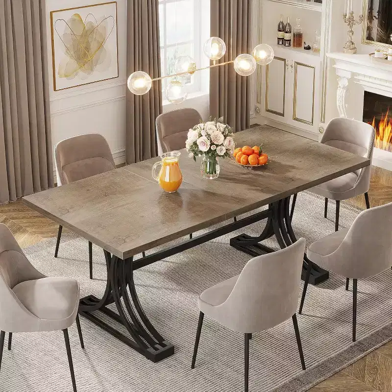 Lantine 63-Inch Rectangular Modern Dining Table with Grey Tabletop and Stylish Black Metal Legs, Seats 4 to 6 (Only Table)
