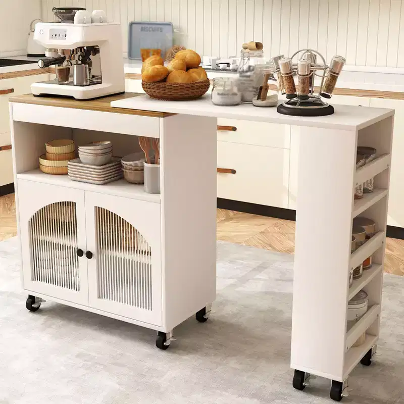 AEELLEEA Kitchen Island On Wheels with Extended Table MDF Rolling Kitchen Storage Cart 2 Fluted Glass Doors Side 3 Open Shelves White