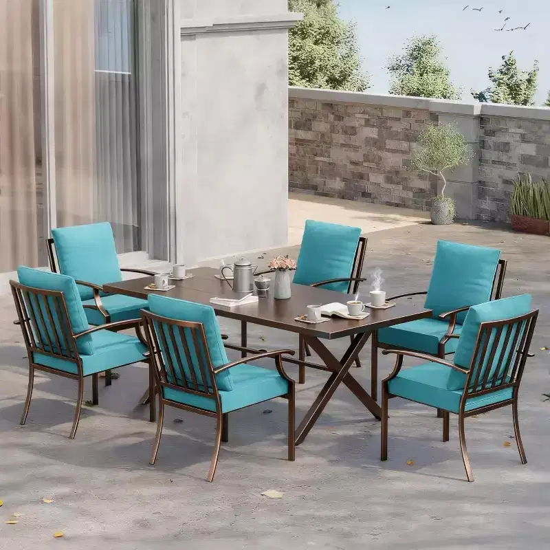 ALAULM 7 Piece Patio Dining Set Outdoor Furniture, Metal Patio Furniture Set 6 Fixed Chairs and Large Table