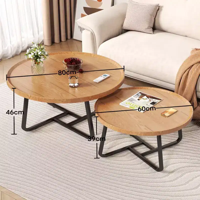 2-Piece Nesting Round Table Set, Mid-Century Style Small Coffee and Side Tables for Living Room Bedroom Balcony