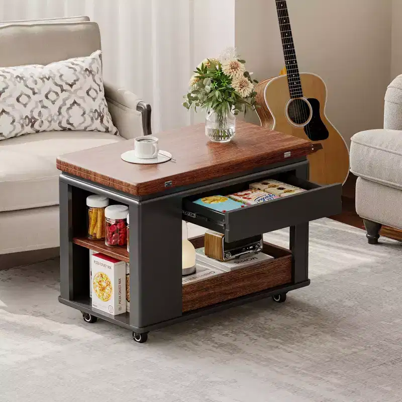 JVNOXK 27.6'' Modern Multi-Function Coffee Table/Side Table with Foldable Top & Casters, Multi-tier storage, Black & Walnut