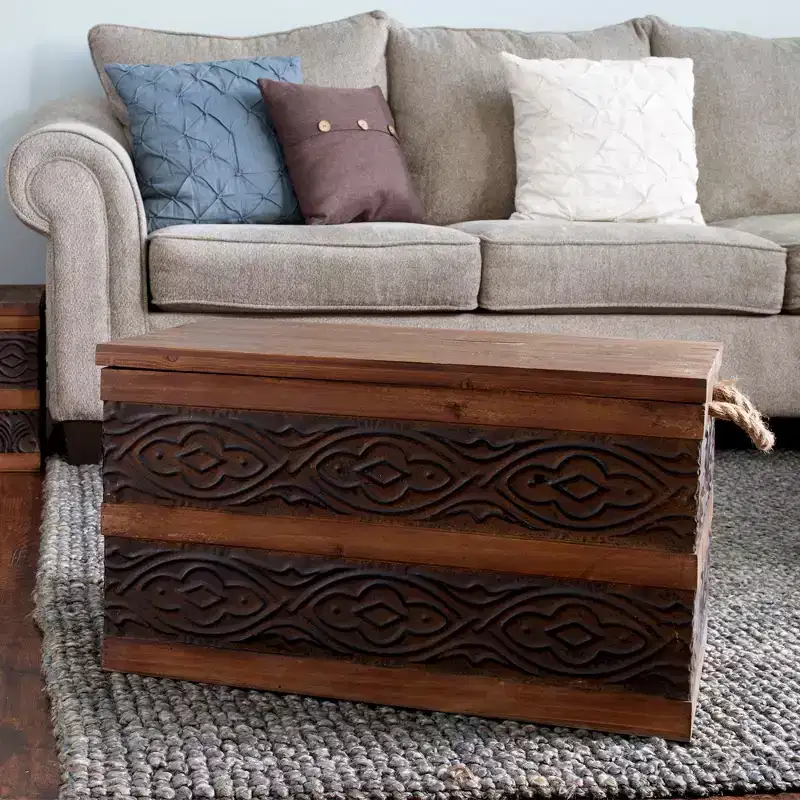 Household Essentials Decorative Trunk, Embossed Metal, Large, Walnut and Almond Stain