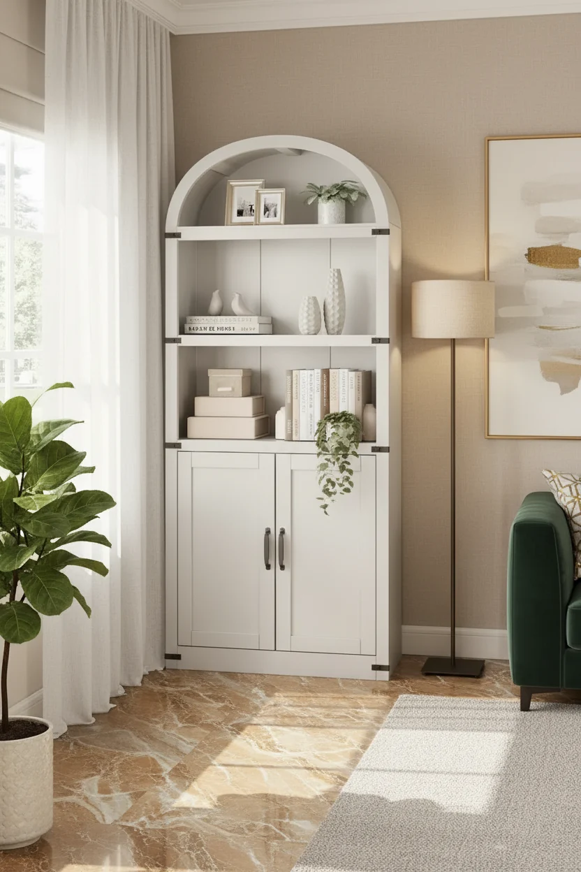 Bookcase with Doors Arched Bookshelf 71.65 in Tall Bookcase Farmhouse Cabinet with Shelves Wooden Bookshelves for Home Office, Living Room