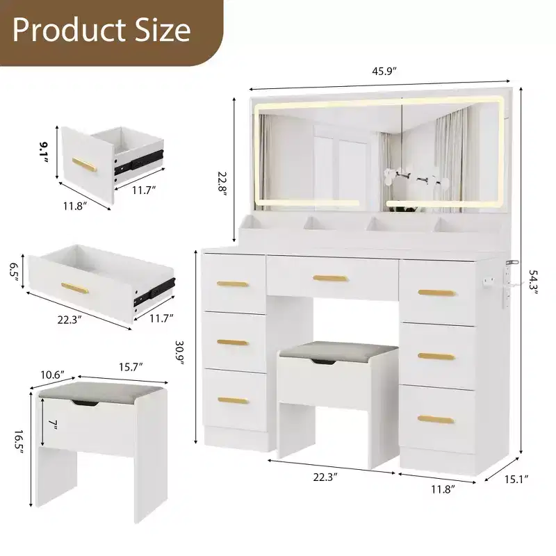 Vanity With Lighted Mirror-Makeup Desk With Power Outlet,3 Color Lighting Modes Adjustable Brightness,46 Table With Soft Cushioned Stool for Bedroom