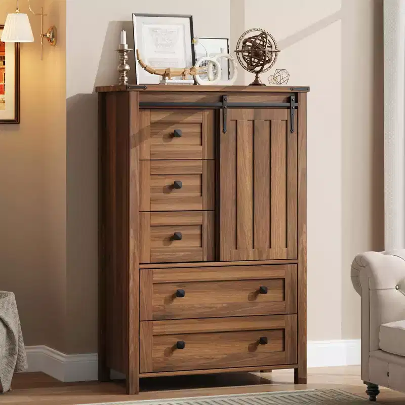 Farmhouse 5 Drawer Dresser for Bedroom, 48 Tall Wood Dresser Chest of Drawer with Sliding Barn Door, Adjustable Shelf, Storage Organizer