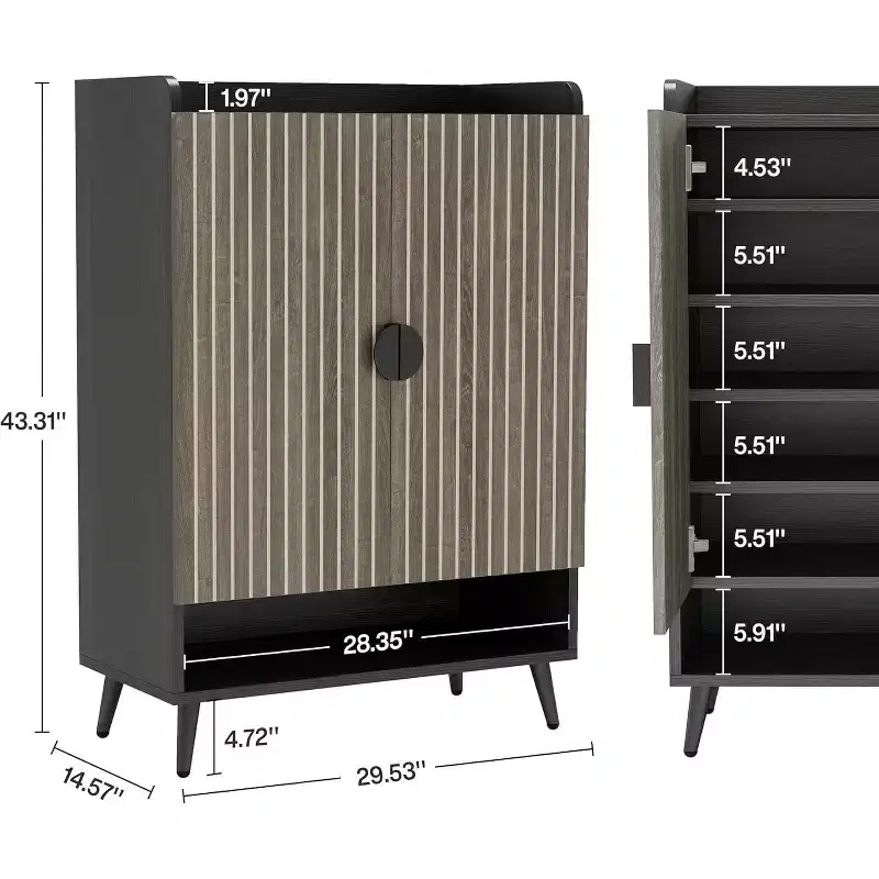Shoe Cabinet with Doors, 7-Tier Shoes Rack with Adjustable Shelves, Wooden Shoe Storage Organizer for Entryway, Closet, Living Room, Gray