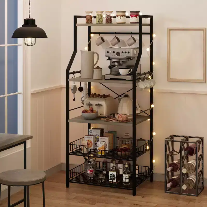 Freestanding Kitchen Bakers Rack, 5 Tier Microwave Stand with Wire Basket & Adjustable Feet, 50.7'' Tall Industrial Coffee Bar Statio