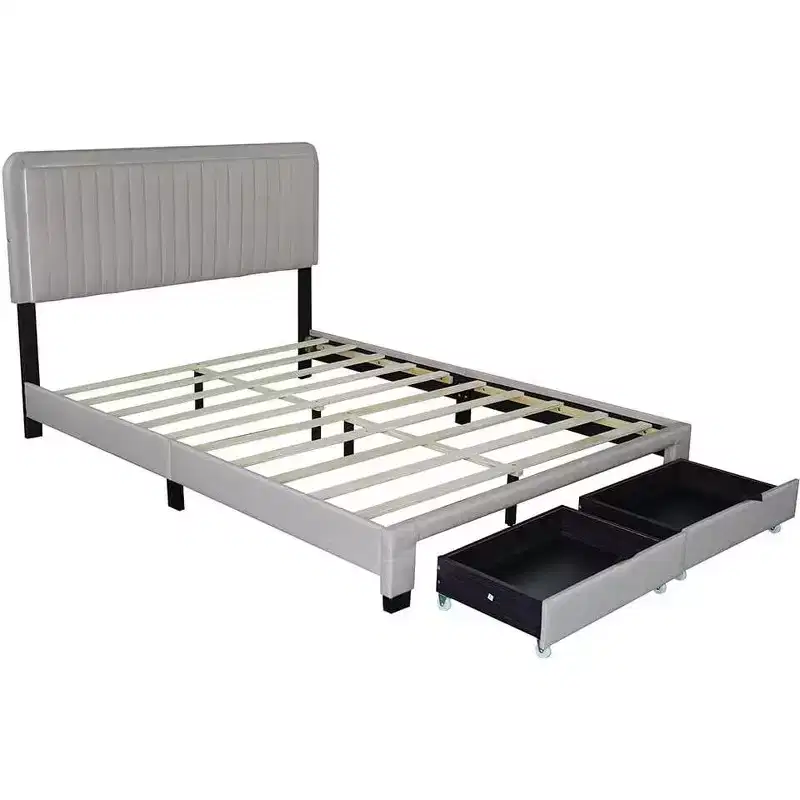 Queen Size Upholstered Bed Frame, 43.5''/ 47.5'' Adjustable Tufted Headboard, 2 Drawers, Storage for Bedroom, Beige
