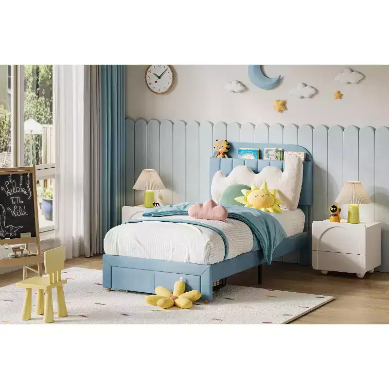 Twin Upholstered Platform Bed for Kids, Light Blue, w/ Storage Drawer & Bookcase Headboard, Wood Slats, Noise-Free, No Box Spring, Easy Assembly
