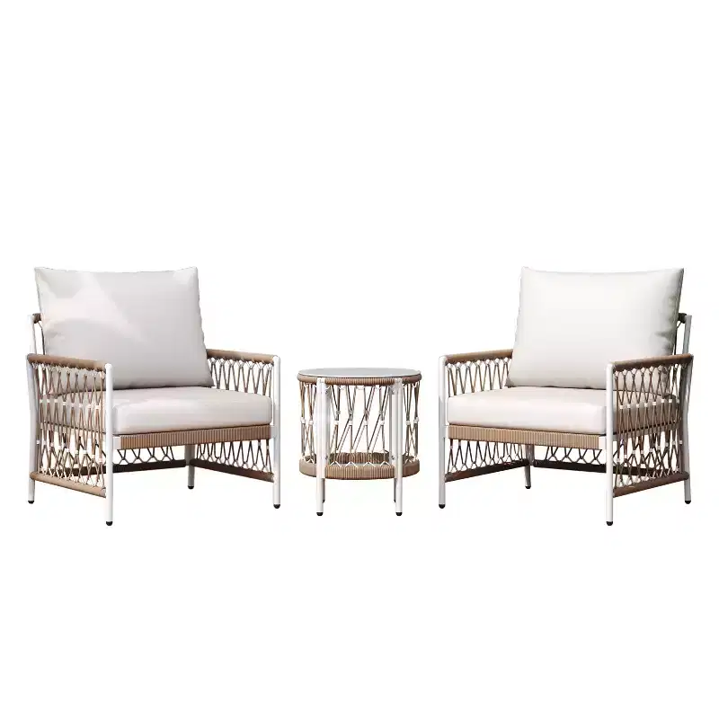 3-Piece Bohemian Outdoor Furniture Set with 2 Swivel Chairs and Glass Top Table, for Garden or Poolside