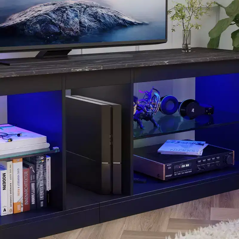 Particle Board TV Stand with Glass Shelves 18.5''H x 55.12''W x 13.78''D