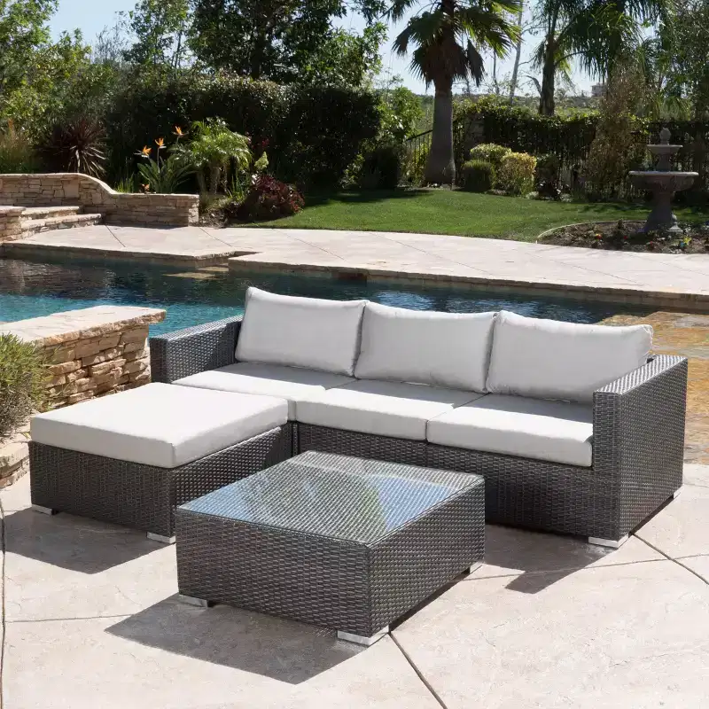 GDFStudio Avianna Outdoor Wicker 3 Seater Sofa and Ottoman Chat Set with Cushions