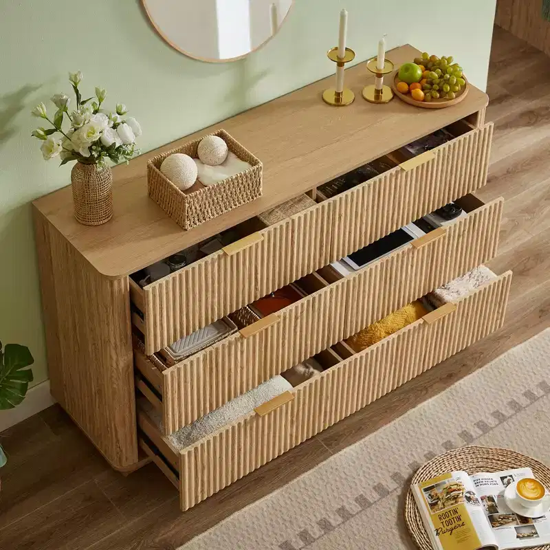 JVNOXK 6 Drawer Dressing Table, 55-Inch Wide Modern Chest of Drawers, Wave Curve Design, Vanity TV Stand and Media Cabinet, Walnut