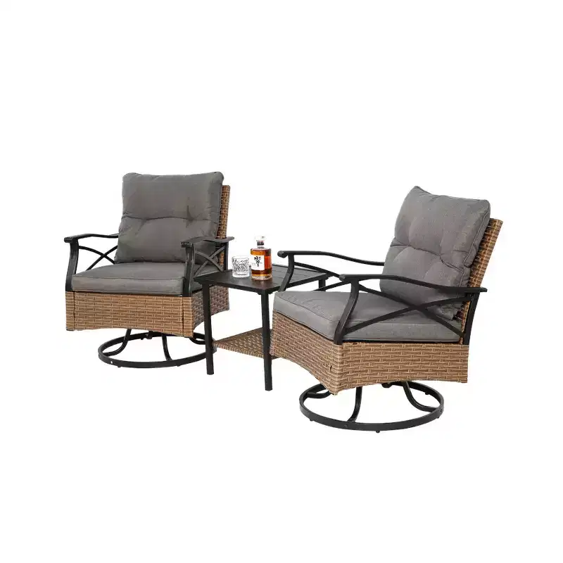 Whisen 3 Piece Outdoor Swivel Rocker Chairs Set with 1 Table and 2 Rocking & Swivel Chairs - Brown & Gray