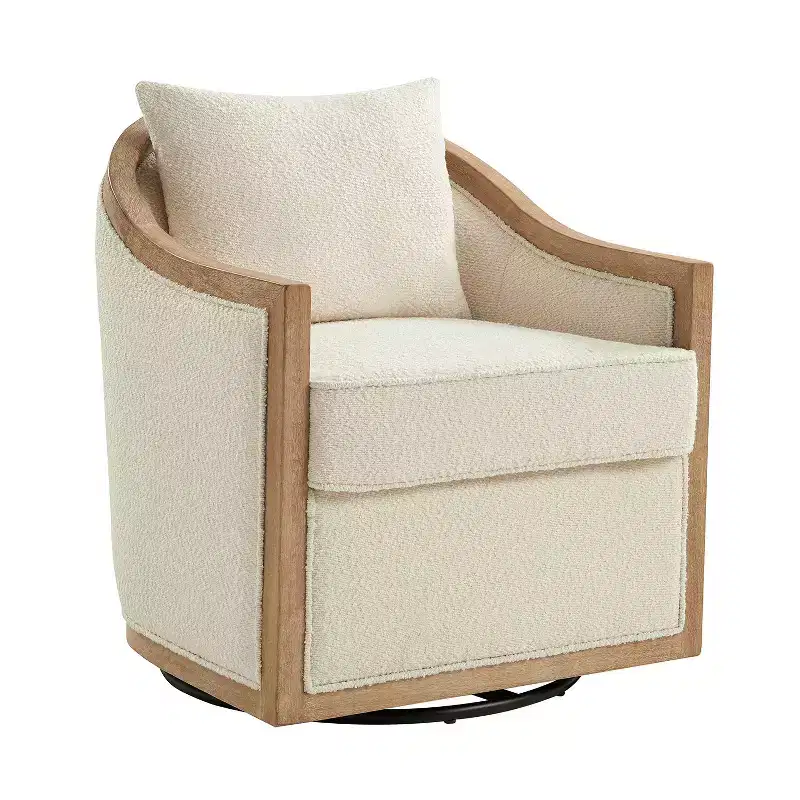 Farmhouse Rattan Swivel Armchair with Solid Wood Edging – Ivory