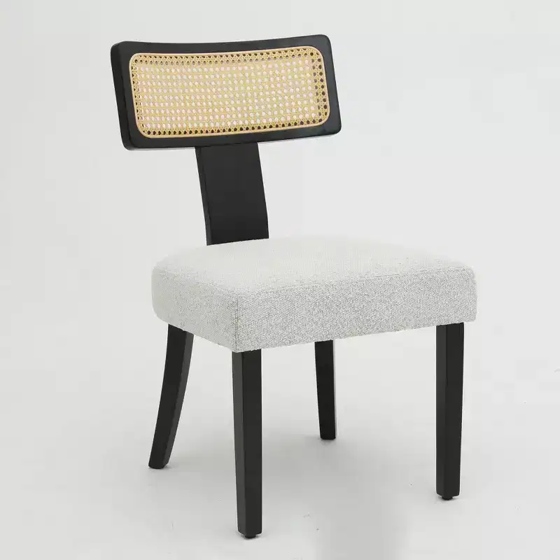 Set of 2 Upholstered Dining Chairs with Rattan Back and Black Wood Frame, Beige Fabric