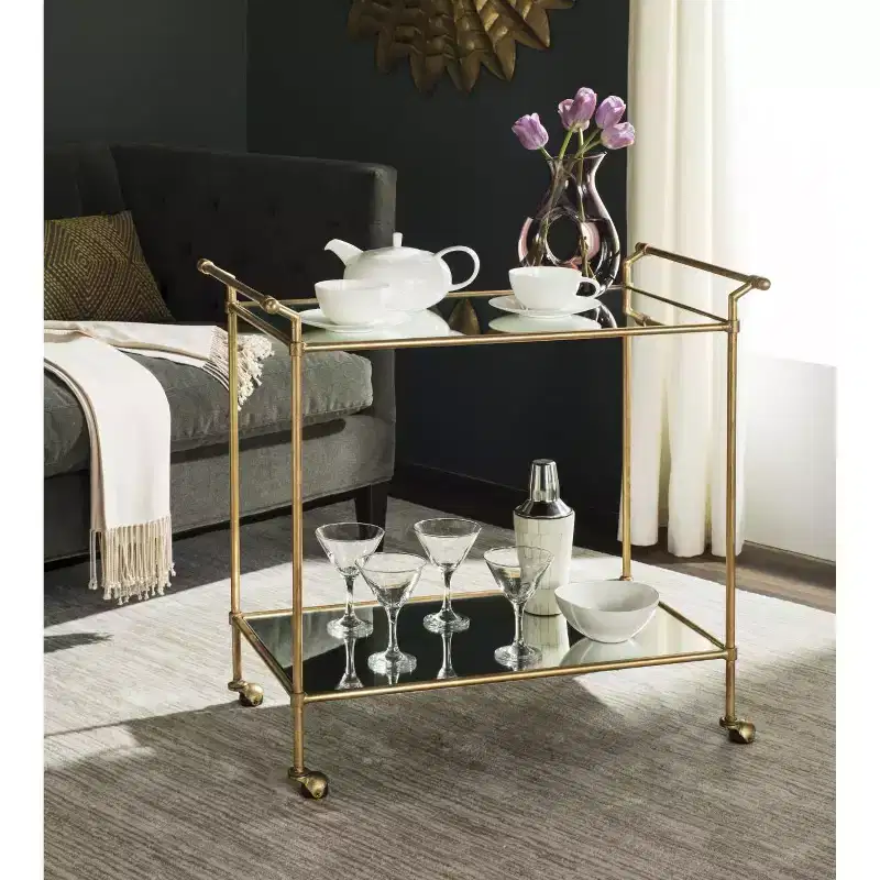 Gold & Mirror Bar Cart | 2-Tier Iron Frame with Wheels | 31