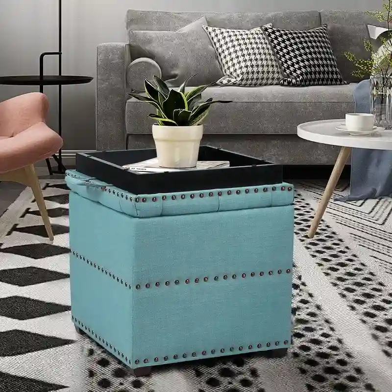 Adeco Fabric Square Ottoman with Tray