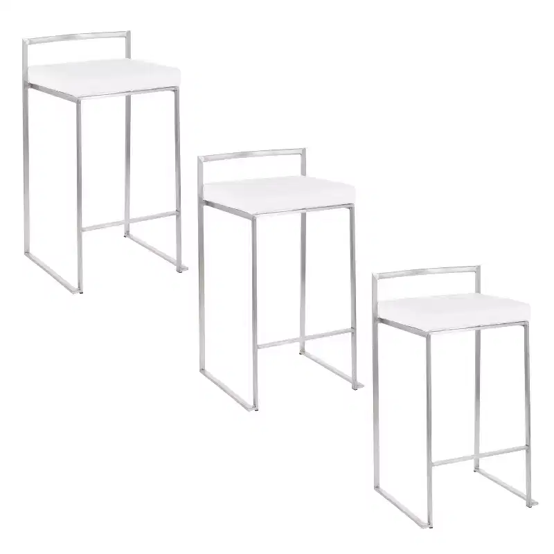 LumiSource Set of 3 Fuji Stacker Counter Height Barstools Stainless Steel/White